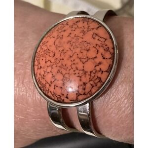 Celebrity Silver Tone Bangle Modernist Bracelet Orange Carnelian Faux Stone 60s